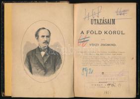 Vékey Zsigmond: Utazásaim a Föld körül. Bp., 1885, Aigner Lajos, XVI+312 p. Egyetlen kiadás. Átkötött félvászon-kötésben, kissé viseltes borítóval és gerinccel, helyenként kissé foltos, a fűzéstől részben elváló lapokkal, régi intézményi bélyegzőkkel.