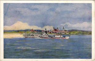 Visegrád, "Szentendre" személyszállító gőzös útban Visegrád felé. Művészlevelezőlap M.F.T.R. 6314-18. Klösz műintézet (EK)
