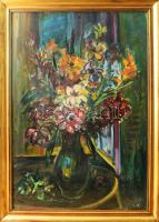 Joanovits István (1912-1995): Kardvirágok. Olaj, karton. Jelzett. Hátoldalán Képcsarnok Vállalat címkéivel, mely szerint kiállítva a Szinyei Merse Teremben. Dekoratív, üvegezett fakeretben. 100×70 cm