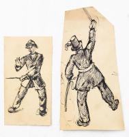 Jelzés nélkül (Kézdi-Kovács művészcsalád egyik tagja?), 2 db rajz: Alakok karddal. Tus, papír, egyikvágott. Kissé laza korabeli félvászon kötésben. 22×13 és 16x9,5 cm