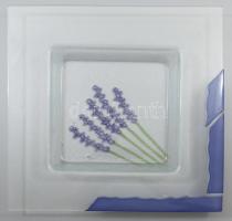 Levendulamintás színes üveglap rátétes négyzetes kínáló, hibátlan, 30x30 cm