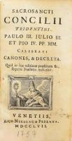 Sacrosancti Concilii Tridentini Paulo III, Julio III, et Pio IV PP. MM. Celebrati Canones, &amp; Decreta. Venetiis, 1757, Apud Nicolaum Pezzana, 8 sztl. lev.+ 462 p.+ 24 sztl. lev. Latin nyelven. Kartonált papírkötésben, viseltes borítóval és gerinccel, helyenként kissé foltos, kissé hullámos lapokkal, tulajdonosi névbejegyzéssel (ifj. Pekár Imre 1888).