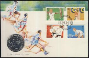 Portugália 1988. 250Esc "Szöuli olimpia" érmés borítékon elsőnapi bélyegzős bélyeggel, hátoldali ismertetővel T:BU