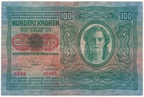 Ausztria 1919(1912) 100K vízszintes "DEUTSCHÖSTERREICH" felülbélyegzéssel, mindkét oldal német T:F, szép papír Austria 1919(1912) 100 Kronen with horizontal "DEUTSCHÖSTERREICH" overprint, both sides in German C:F, fine paper Krause P#56