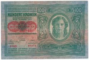 Ausztria 1919(1912) 100K vízszintes "DEUTSCHÖSTERREICH" felülbélyegzéssel, mindkét oldal német T:F, szép papír Austria 1919(1912) 100 Kronen with horizontal "DEUTSCHÖSTERREICH" overprint, both sides in German C:F, fine paper Krause P#56