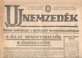 [II. Világháború] Uj Nemzedék. 1942. szeptember 28. (Napilap, XXIV. évfolyam, 220. szám) "Német hadilobogó a sztalingrádi kommunista székházon -- Kállay miniszterelnök rádióbeszéde -- Benoist Méchin kivált a francia kabinetből -- Beért a magyar gyapot!" Félbehajtva, jó állapotban.