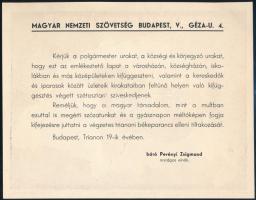 1938 Magyar Nemzeti Szövetség irredenta felhívás, emlékeztető lap a polgármestereknek a Trianoni bék...