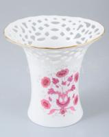 Hollóházi lilavirág mintás áttört peremű váza, jelzett, hibátlan, m: 11,5 cm