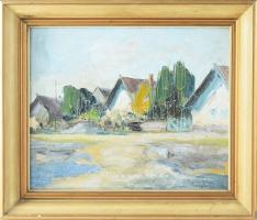 Metykó Gyula (1907-1992): Utcarészlet. Olaj, karton. Jelezve jobbra lent. Dekoratív, kissé kopott fakeretben. 25x30 cm