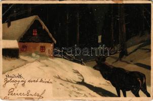 1906 Téli táj szarvassal / winter landscape with deer. litho s: Mailick (EM)