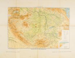 1910 Magyarország hegy- és vízrajzi térképe, mintalap Kogutowicz: Földrajzi iskolai atlaszának új kiadásából, melléklet a Földrajzi Közlemények 1910. II. füzetéhez, kissé sérült, foltos, ragasztott, 41,5x56 cm