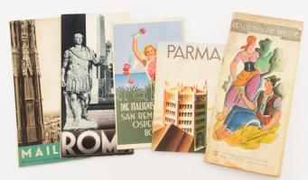 cca 1933-1934 Vegyes háború előtti olasz turisztikai prospektus, 5 db: Die Italienische Riviera, Parma, Mailand, Roma, Italienische Weine (kihajtható, benne Olaszország bor térképe, 64x47 cm.)