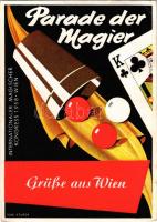 1958 Wien, Vienna, Bécs; Parade der Magier. Internationaler Magischer Kongress 1958 / nemzetközi bűvész kongresszus, kártyalap / International Illusionist Congress, playing card s: Toni Stursa (EB)