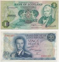 Luxemburg 1966. 20Fr "Jean", "E 091407" + Skócia 1974. 1P "C/38 0353388" T:F Luxembourg 1966. 20 Francs "Jean", "E 091407" + Scotland 1974. 1 Pound "C/38 0353388" C:F Krause P#54, P#111c