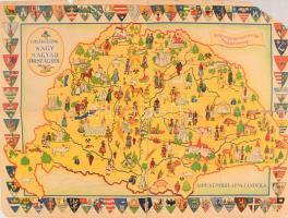 cca 1935 ,,Emlékezzünk Nagy-Magyarországról", a Pesti Hírlap ajándéka, Bp., Légrády Testvérek, hátoldalán a vármegyék leírásával, sérült, ragasztott, sarokhiánnyal, 39x53 cm