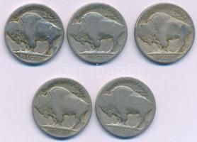 Amerikai Egyesült Államok 1919-1936 k. 5c Cu-Ni "Buffalo Nickel" (5x) T:F USA aruond 1919-1936 5 Cents Cu-Ni "Buffalo Nickel" (5x) C:F