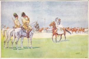 M. Kir. Csendőrség: Járőr Bugacon. Kiadja a M. Kir. Csendőrség Emlékbizottsága, No. 19. / Hungarian gendarmerie art postcard s: Garay (vágott / cut)