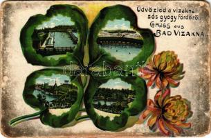 Vízakna, Salzburg, Ocna Sibiului; Szecessziós lóherés montázs a fürdőből. Takáts Jenő kiadása / Art Nouveau clover montage, spa, litho (kopott sarkak / worn corners)