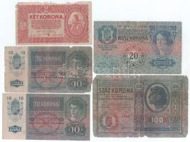 1912. 100K "1926 87777" felülbélyegzés nélkül + 1913. 20K felülbélyegzés nélkül + 1915. 10K (2x), az egyik hamis (?) szerb felülbélyegzéssel + 1920. 2K csillagos sorszámmal T:VG,G