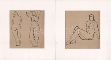 Olvashatatlan jelzéssel, 2 db rajz: Aktok, linómetszet, papír, paszpartuban, jelzés nélkül, 11,5×8,5 cm