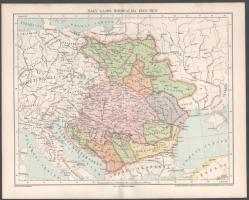 cca 1890 Nagy Lajos birodalma 1382-ben, térkép, Pallas Nagy Lexikona, kiadja: Posner Károly Lajos és Fia térképészeti műintézete, 24,5×30 cm