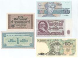 Vegyes, 5db-os külföldi bankjegy tétel, közte Ausztria / Szövetséges megszállás 1944. 1Sch, stb. T:UNC,AU, sarokhajlás Mixed 5pcs foreign banknote lot, including Austria / Allied occupation 1944. 1 Schilling, etc. C:UNC,AU, folded corner