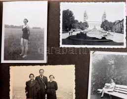 cca 1940-1950 Családi fotóalbum összesen kb. 120-130 db fotóval, közte pécsi, erdélyi felvételek (Békás-szoros), hölgy vadászpuskával, temetés, stb. Vászonborítású, kissé sérült albumban, 16,5x23x3 cm