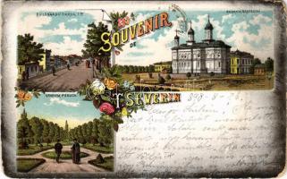 1898 (Vorläufer) Turnu Severin, Szörényvár; Gradina publica, Bulevardu carol, Biserica grecescu / public garden, street view, church. D.R. Raducanescu Art Nouveau, floral, litho (Rb)