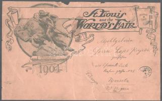 1904 "St. Louis and the World's Fair" nagyméretű, fejléces boríték elülső oldala, az Egyesült Államokból Magyarországra (Versecre) küldve, körbevágva, sérült, ragasztott, 23x36,5 cm