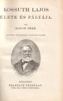 Áldor Imre:  Kossuth Lajos élete és pályája. Budapest, [1894 után]. Franklin-Társulat Magyar Irodalmi Intézet és Könyvnyomda. 102 p. Áldor Imre (1838-1928) újságíró, szerkesztő, számos, az ifjúságnak szánt, történelmi munka írója, a hazai Kossuth-kultusz fontos ápolója. A magasztalás hangján írt Kossuth-életrajz először 1878-ban jelent meg, példányunk a Kossuth Lajos halála után megjelent, teljesen átdolgozott harmadik kiadásból való. Az első előzéken titkári aláírással és körbélyegzővel hitelesített, névre szóló ajándékozási könyvjegy, vele szemben tulajdonosi bejegyzés. Aranyozott, sérült, hiányos gerincű, kopott kiadói kartonkötésben.