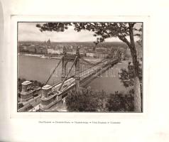 [Fotóalbum] Budapest öt nyelven feliratozott turisztikai fotóalbuma. (1926). Budapest, (1926). (Székesfővárosi Idegenforgalmi Hivatal - Budapest székesfőváros házinyomdája). [64] p. Haránt alakú album. A francia, német, angol, olasz és magyar nyelven feliratozott oldalakon Budapest turisztikai szempontból legkiemelkedőbb látképei, épületei, utcaképei és enteriőrjei tűnnek fel. A fotográfus a felvétel készülte előtt a turistákat, járókelőket szemlátomást kiparancsolta kamerája látószögéből, ám a néhány kép, amely szereplőket is hordoz, a kései húszas évek női és férfi divatjáról és viselkedésrendjéről emlékezetes részleteket örökít meg. Albumunk 63 felvétele (magyar megnevezés szerint): Kilátás a Gellért-hegyről Parlament Részlet a Halászbástyából Savoyai Eugén lovasszobra Részlet a királyi várkertből Széchenyi Lánchíd Erzsébet híd Ferenc József híd Pest látképe a Várhegy lejtőjéről Magyar Tudományos Akadémia Magyar Nemzeti Bank Igazságügyi Palota Tőzsdepalota Magyar Királyi Operaház Nemzeti Színház Vigadó Szent Gellért Gyógyfürdő és Szálló Széchenyi-fürdő Margitszigeti gyógyfürdő Szent Lukács Gyógyfürdő és Szálló Hungária-gyógyforrás Állatkert Központi Vásárcsarnok Városligeti tó és Korcsolyázócsarnok Millenniumi Emlékmű Margitszigeti romok Nemzeti Múzeum Szépművészeti Múzeum Aquincumi Múzeum Keleti Pályaudvar Mezőgazdasági Múzeum A Mezőgazdasági Múzeum főbejárata A Mezőgazdasági Múzeum fő lépcsőháza A Mezőgazdasági Múzeum emeleti főcsarnoka Részlet a Mezőgazdasági Múzeumból Halászbástya és Mátyás-templom Szent István-bazilika Az Eskü téri templom főoltára A Szent Ferenc-rend templomának belseje A Józsefvárosi plébánia belseje Angolkisasszonyok temploma Szervita téri templom Királyi várpalota Királyi várpalota Savoyai Eugén szobrával Részlet a királyi várkertből Mátyás király kútja a királyi várpalota udvarán A királyi várpalota külső kapuja A királyi várpalota belső kapuja Részlet a királyi várpalota külső udvarából A királyi várpalota fő lépcsőháza Szent István-terem Újabb részlet a Szent István-teremből A királyi várpalota márványterme A királyi várpalota táncterme A királyi várpalota fogadóterme Ünnepségek terme a királyi várpalotában A királyi várpalota étterme A királyi várpalota belépője Részlet a királyi várkertből (a turullal) A Parlament fő lépcsőháza A Parlament ülésterme A Kúria fő lépcsőháza János-hegyi Erzsébet-kilátótorony. Az utolsó oldalon a kiadvány kolofonja. Az első három levélen kisebb sérülések, a harmadik levélen kisebb hiány. Néhány lapszélen halvány foltosság. Fűzve, színes, illusztrált, sérült, enyhén foltos kiadói borítóban.
