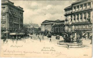 1899 Budapest VIII. Kálvin tér, szökőkút, villamos, Nemzeti Múzeum, Radanovits Testvérek borkereskedése, üzletek. Schmidt Edgar kiadása (EK)