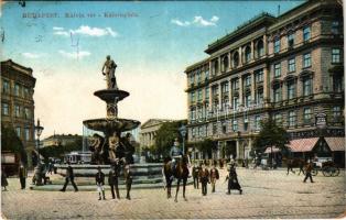 1919 Budapest VIII. Kálvin tér, szökőkút, villamos, Nemzeti Múzeum, gyógyszertár, Tokaji China Vasbor, Pesti Hazai Első Takarékpénztár Egyesület, üzletek. MÁV Levelezőlapárusítás + "KÖZTÁRSASÁG" (EK)