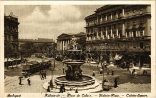 1925 Budapest VIII. Kálvin tér, szökőkút, villamos, Nemzeti Múzeum, gyógyszertár, üzletek. Divald 3