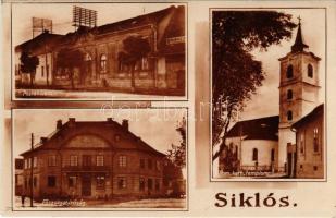 1930 Siklós, Postahivatal, Főszolgabíróság, Római katolikus templom, Marics J. üzlete, mozaiklap. Böbl Nándorné és Fia kiadása