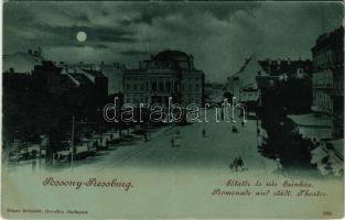 Pozsony, Pressburg, Bratislava; Sétatér és városi színház este holdfényben, villamos / Promenade und städt. Theater / promenade and theatre at night in moonlight, tram (EK)