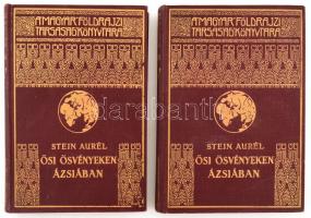 Stein Aurél (1862-1943): Ősi ösvényeken Ázsiában I-II. köt. Három kutató utam Ázsia szívében és Kína északnyugati tájain. Ford.: Halász Gyula. Magyar Földrajzi Társaság Könyvtára. Bp.,[1936], Franklin, 1 (címkép)+XV+136 p.; 137-247 p. + 52 (fekete-fehér képtáblák) t. +1 (kihajtható térkép) t. Fekete-fehér képtáblákkal, közte kihajtható képtáblákkal, és egy kihajtható térképpel illusztrált. Kiadói dúsan aranyozott egészvászon sorozatkötésben, kopott borítóval, egy táblán gyűrődéssel.