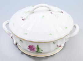 Herendi Tertia krizantém mintás leveskínáló tál, plasztikus virágbimbó díszítményekkel, hibátlan, d: 23 cm, m: 17 cm