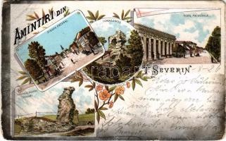 1898 (Vorläufer) Turnu Severin, Szörényvár; Piata Principala, Strada Decebal, Turnu Sever, Piciorul Poduluj Traian. Drepturile Reservate D.R. Raducanescu / main square, street, tower. Art Nouvea, floral, litho (Rb)