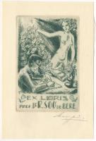 Menyhárt József (1901-1976): Ex libris Prof. Dr. Soó de Bere (erotikus könyvjegy). Rézkarc, papír. Jelzett. 11x7 cm