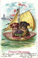 New year dogs shell-boat litho (small tear)