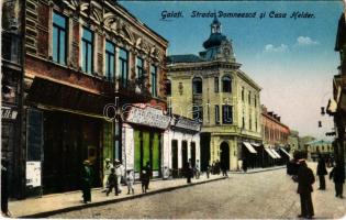 Galati, Galatz; Strada Domneasca si Casa Helder, Libraria Nationala / street view, palace, publishing house, shops of Lilienfeld, H. &amp; D. Lazarovici (EK)
