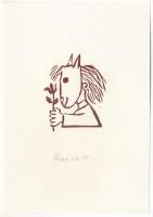 Reich Károly (1922-1988): Álarcos (cím nélkül). Klisé, papír, jelzett, 5×4 cm. A tételhez tartozik Reich Károly, sajátkezű levele, fél beírt oldal, autográf aláírásával.