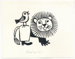 Reich Károly (1922-1988): Oroszlán és madár (cím nélkül). Linómetszet, papír, jelzett, 6×7,5 cm