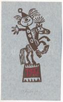 Reich Károly (1922-1988): Bohóc a lovon (cím nélkül), 1977. Linómetszet, papír, jelzett, 12×6,5 cm