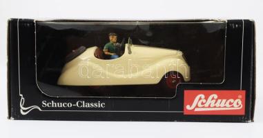 1998 Schuco Akustico 2002 felhúzhatós német lemezautó, kulccsal, figurával, pótkerékkel, dobozában, szép állapotban, jelzett, h: 14,5 cm. Ritka!