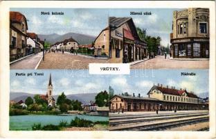 Ruttka, Vrútky; Nová kolonia, Hlavná ulica, Partia pri Turci, Nádrazie / Új kolónia, Fő utca, üzletek, Turóc parti részlet, vasútállomás / new colony, main street, shops, riverside, railway station (EK)