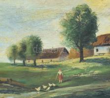 Römer Camillo (-): Libapásztorlány. Olaj, vászon, jelzett. Dekoratív, sarkaiban kissé sérült fakeret...