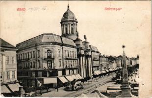 1913 Arad, Andrássy tér, emeletes autóbusz, emlékmű, Központi divatáruház üzlete, piac, Minorita templom. Ingusz J. és Fia kiadása / square, shps, market, double decker bus (felületi sérülés / surface damage)