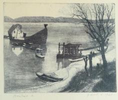 Gaál Domokos (1940-2009): Bárkák II. Rézkarc, papír, jelzett, üvegezett fakeretben, 22×27 cm